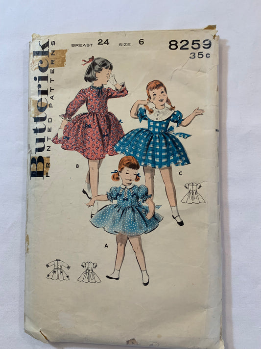 Butterick Sewing Pattern 8259 Girls' Dress, Full Skirt, Collar, Long/Short Sleeves, Tie Back. Above Knee, Gathered Waist, Full Skirt, Size 6, Cut, Vintage 1950