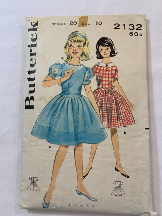 Butterick Sewing Pattern 2132 Girls' Dress, Full Skirt, Collar, Zipper Back, Lower Waistline, Short Sleeves, Above Knee, Gathered Waist, Full Skirt, Size 10, Cut, Vintage 1950