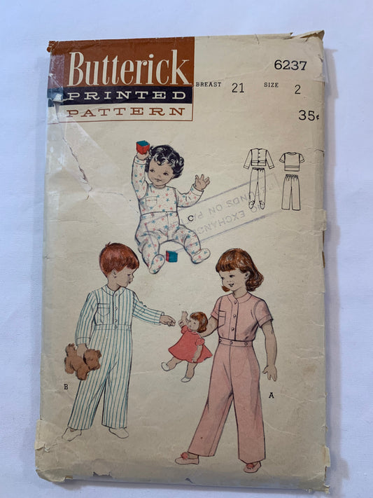 Butterick Sewing Pattern 6237 Girls'/Boys' Pajamas, Top, Pants, Pull-On, Button Front, Long/Short Sleeves, Button-On, Feet, Size 2, Cut, Vintage 1998