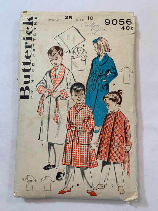 Butterick Sewing Pattern 9056 Children's/Boys'/Girls' Robe, Belt, Travel Bag, Two Lengths, Button Front, Pockets, Size 10, Cut, Vintage 1950