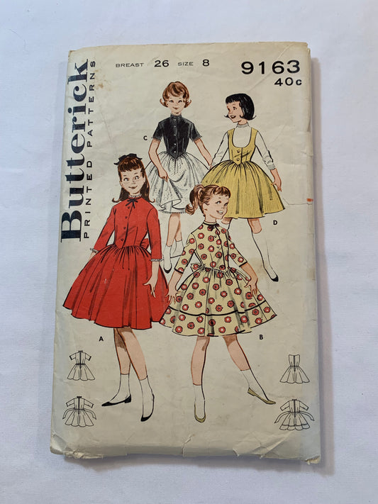 Butterick Sewing Pattern 9163 Girls' Dress, Jumper, Long/Short Sleeves, Button Front, Flared Skirt, Zipper Back, Size 8, Cut, Vintage 1950