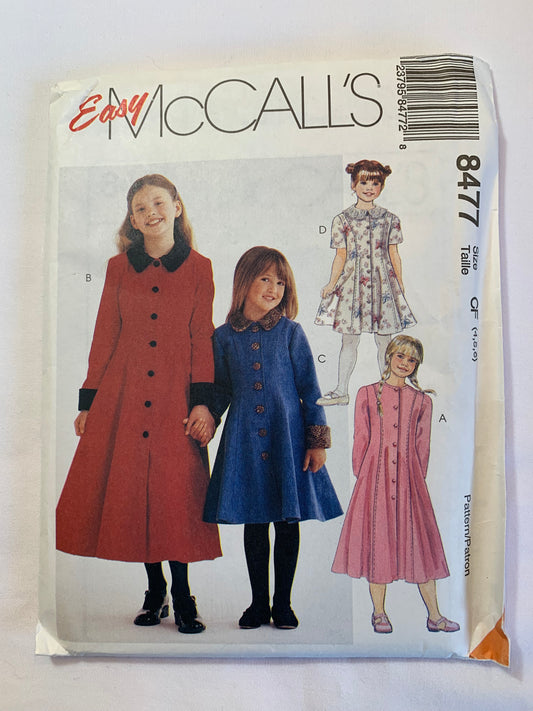 McCall's Sewing Patterns 8477 Girls' Dress, Two Lengths, Princess Seams, Long/Short Sleeves, Pockets, Button Front, Collar, Size 4-6, Uncut, Vintage 1996