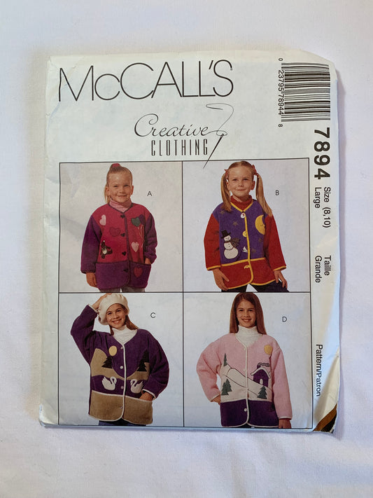 McCall's Sewing Pattern 7894 Children's/Girls' Jacket, Coat, Button Front, Pockets, Long Sleeves, Appliques, Size 3-6, Uncut, Vintage 1998