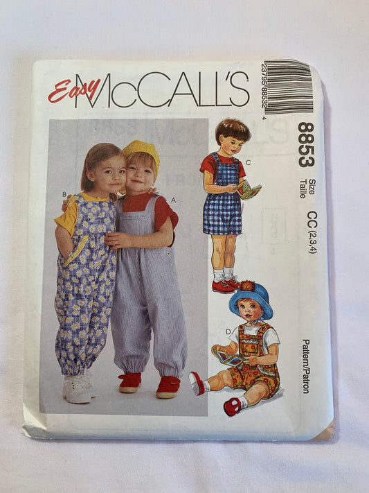McCall's Sewing Pattern 8853 Toddlers' Overalls, Snap Crotch, Two Lengths, 4 Variations, Sleeveless, Shoulder Straps, Pockets, Elastic Ankles, Size 2-4, Uncut, Vintage 1997