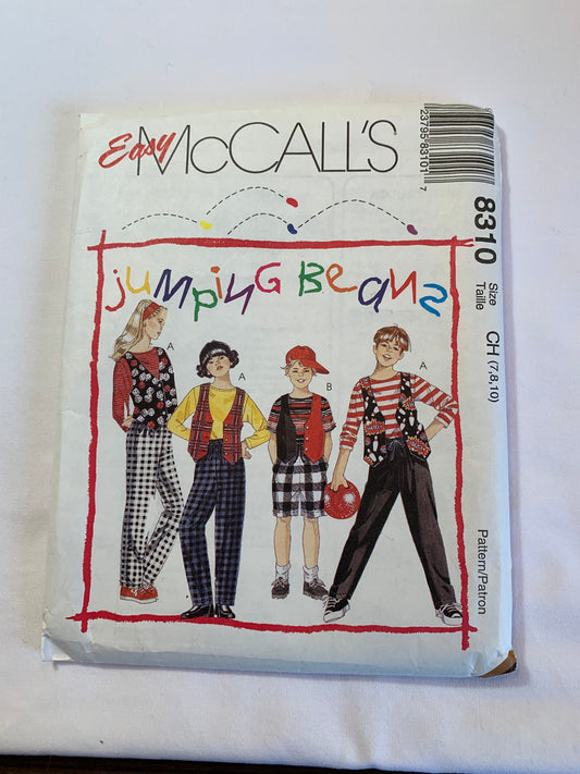 McCall's Sewing Pattern 8310 Girls'/Boys Lined Vest Top, Pants, Shorts, Button Front, Pockets, Stretch Knit Only, Size 7-10, Uncut, Vintage 1996