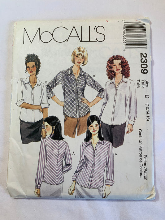 McCall's Sewing Pattern 2309 Misses' Shirt, Collar, Button Front, Long/Short Sleeves, Side Slits, 2 Variations, Size 12-16, Uncut, Vintage 1999