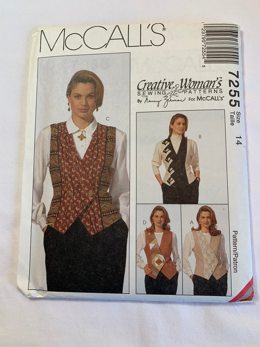 McCall's Sewing Pattern Nancy Zieman 7255 Misses' Vests, Button Front, Sleeveless, Darts, Tie Back, Fitted, Lined, Size 14, Uncut, Vintage 1994