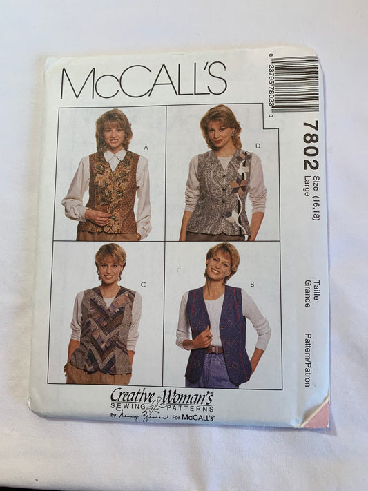 McCall's Sewing Pattern 7802 Misses' Vests, Button Front, Sleeveless, Darts, Fitted, Lined, Size 16-18, Uncut, Vintage 1995