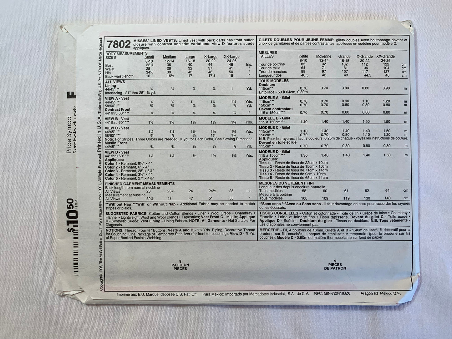 McCall's Sewing Pattern 7802 Misses' Vests, Button Front, Sleeveless, Darts, Fitted, Lined, Size 16-18, Uncut, Vintage 1995