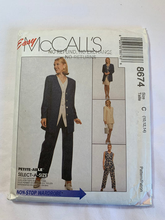 McCall's Sewing Pattern 8674 Misses' Unlined Jacket, Vest, Pull-On Pants, Skirt, Pockets, Elastic Waist, Size 10-14 Uncut, Vintage 1997