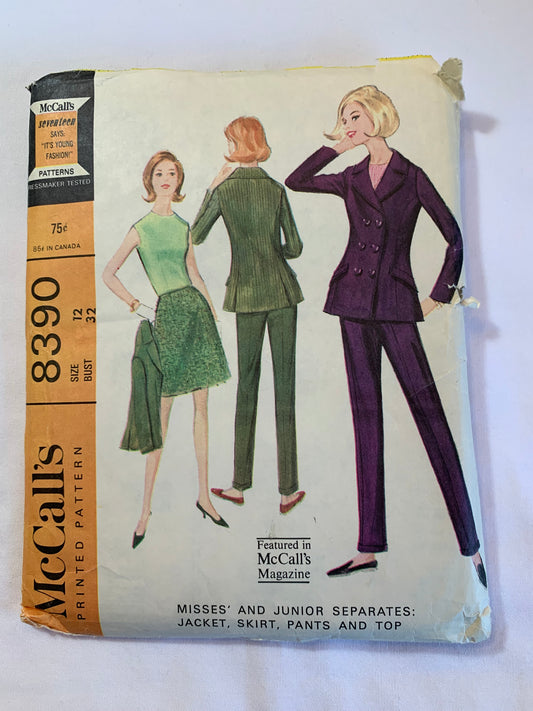 McCall's Sewing Pattern 8390 Misses'/Junior Jacket, Skirt, Pants, Top, Sleeveless, Double Breasted, Pockets, Zipper Back, Fitted, Size 12, Cut, Vintage 1966