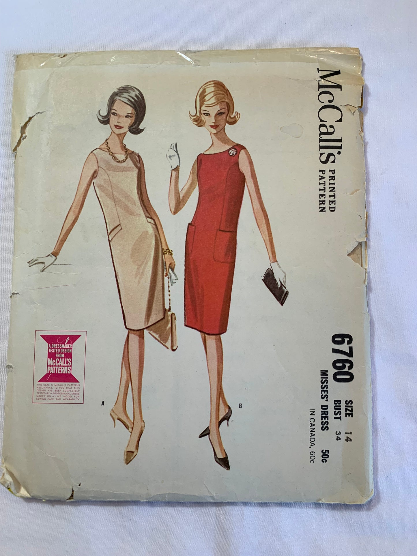 McCall's Sewing Pattern 6760 Misses' Dress, Sleeveless, Fitted, Zipper Back, Two Variations, Below Knee, Pockets, Size 14, Cut, Vintage 1950
