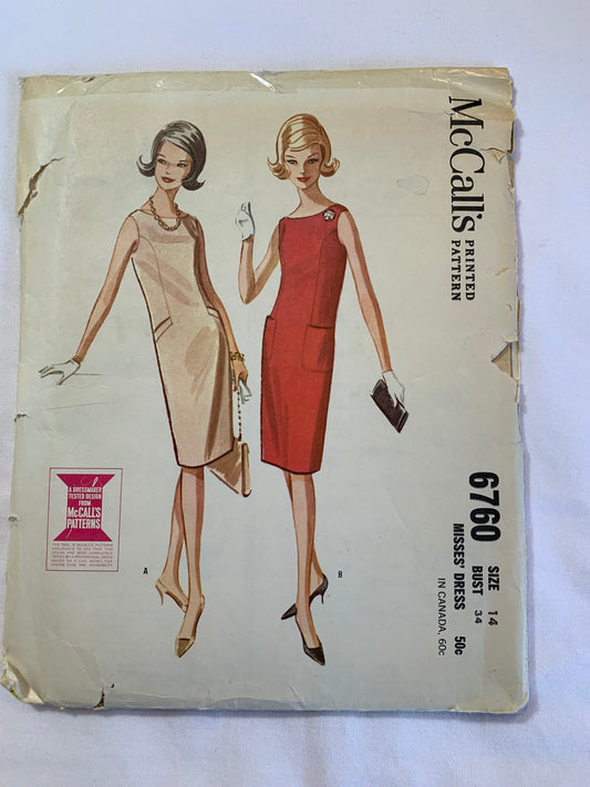 McCall's Sewing Pattern 6760 Misses' Dress, Sleeveless, Fitted, Zipper Back, Two Variations, Below Knee, Pockets, Size 14, Cut, Vintage 1950