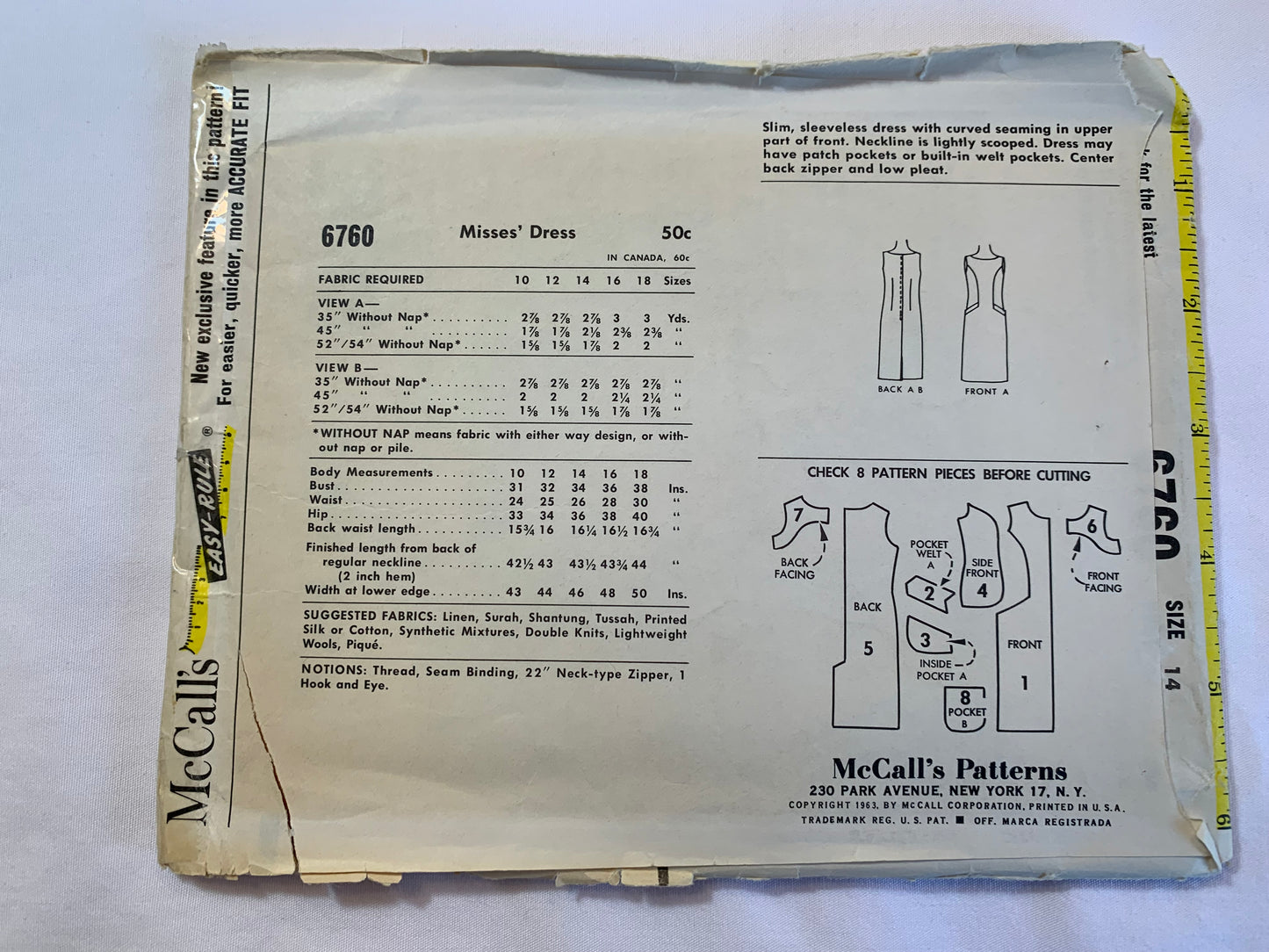 McCall's Sewing Pattern 6760 Misses' Dress, Sleeveless, Fitted, Zipper Back, Two Variations, Below Knee, Pockets, Size 14, Cut, Vintage 1950