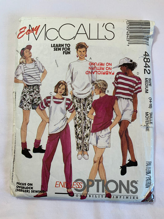 McCall's Sewing Pattern 4842 Misses' T-Shirt, Tank Top, Pants, Shorts, Stretch Knits Only, Pullover, Elastic Waist, Pockets, Size 14-16, Cut, Vintage 1990
