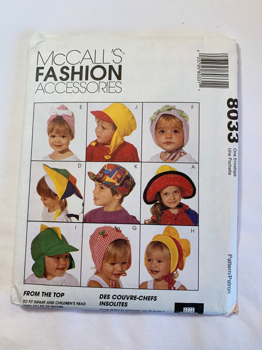 McCall's Sewing Pattern 8033 Toddlers'/Infant's, Children's Hats, Brims, Caps, Ear Flaps, Sun, 12 Variations, 3 Sizes 19 1/2" to 22", Uncut, Vintage 1995