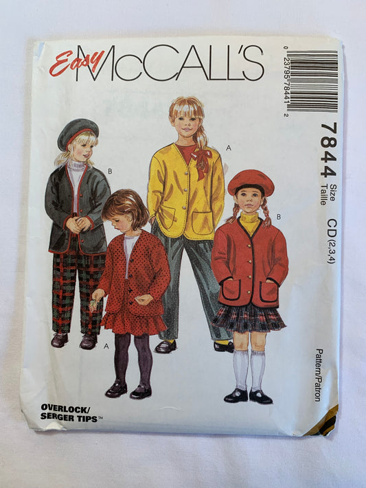 McCall's Sewing Pattern 7844 Girls' Cardigan, Skirt, Pants, Beret, Pockets, Elastic Waist, Button Front, Full Skirt, Size 2-4, Uncut, Vintage 1995