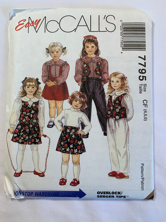 McCall's Sewing Pattern 7795 Girls' Lined Vest, Blouse, Shorts, Pants, Button Front, Collar, Elastic Waist, Suspenders, Long Sleeves, Size 4-6, Uncut, Vintage 1995