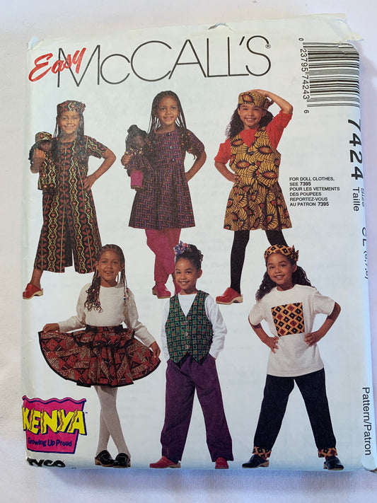 McCall's Sewing Pattern 7424 Girls,/Children's Jumpsuit, Lined Vest, T-Shirt, Top, Pull-On Skirt/Pants, Hat, Stretch Knits Only, Size 6-8, Cut, Vintage 1994