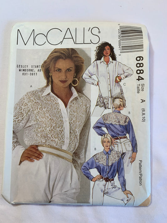 McCall's Sewing Pattern 6884 Misses' Blouses, Tops, Long Sleeves, Two Lengths, 3 Variations, Collar, Button Front, Size 6-10, Uncut, Vintage 1994