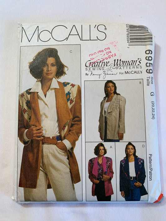 McCall's Sewing Pattern 6959 Misses' Unlined Jacket, Long Sleeves, Western Style, 4 Variations, Size 20-24, Cut, Vintage 1994