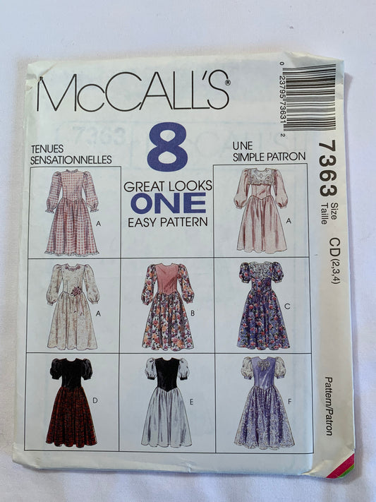 McCall's Sewing Patterns 7363 Girl's Dress, Long/Short Sleeves, Gathered Waist, Zipper Back, Detachable Collar, Size 3-4, Uncut, Vintage 1994