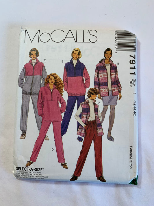 McCall's Sewing Pattern 7911 Misses' Jacket, Vest, Top, Pull-On Pants, Skirt, Pockets, Zipper front Elastic Waist, Size 42-46 Uncut, Vintage 1997