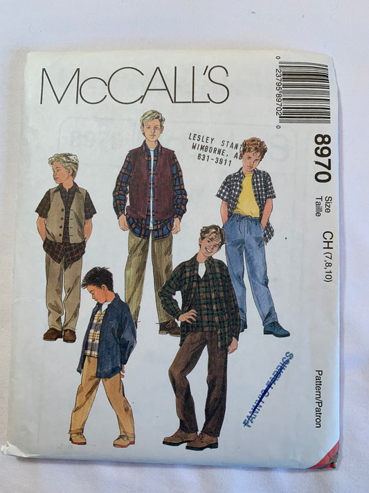 McCall's Sewing Pattern 8970 Boys' Lined Vest, Shirt, Pull-On Pants, Pockets, Long/Short Sleeves, Button Front, Elastic Waist, Size 7-10, Uncut, Vintage 1997
