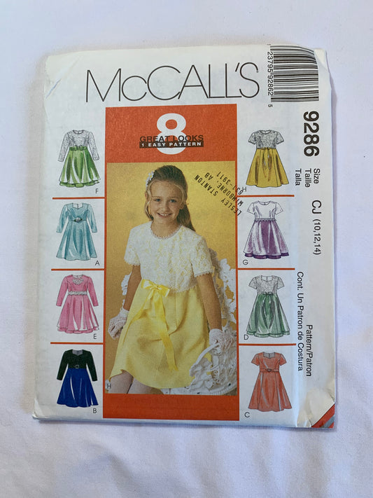 McCall's Sewing Patterns 9286 Girl's Dress, Zipper Back, Flared, Long/Short Sleeves, 8 Variations, Empire Waisted, Overskirt, Size 10-14, Uncut, Vintage 1998