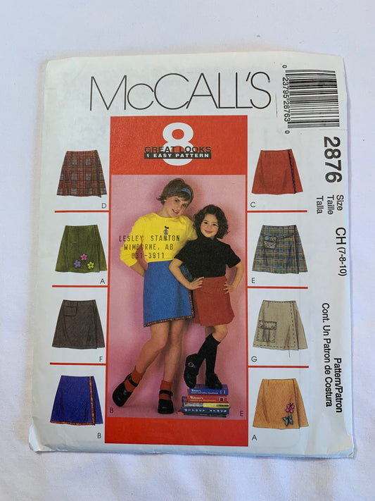 McCall's Sewing Pattern 2876 Girls' Skorts, Wrap Front, Elastic Waist, Pockets, Size 7-10, Uncut, 2000