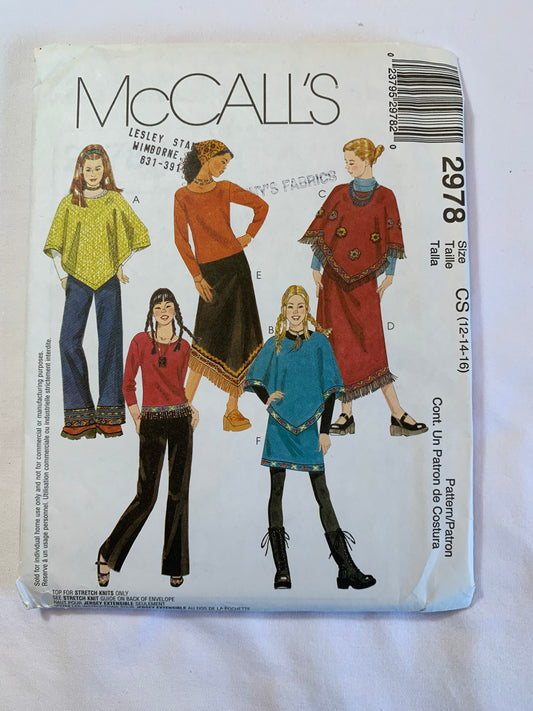 McCall's Sewing Pattern 2978 Girls' Poncho, Top, Skirts, Pants, Pullover, Long Sleeves, Two Lengths, Flared Legs, Pockets, Size 12-16, Uncut, 2000
