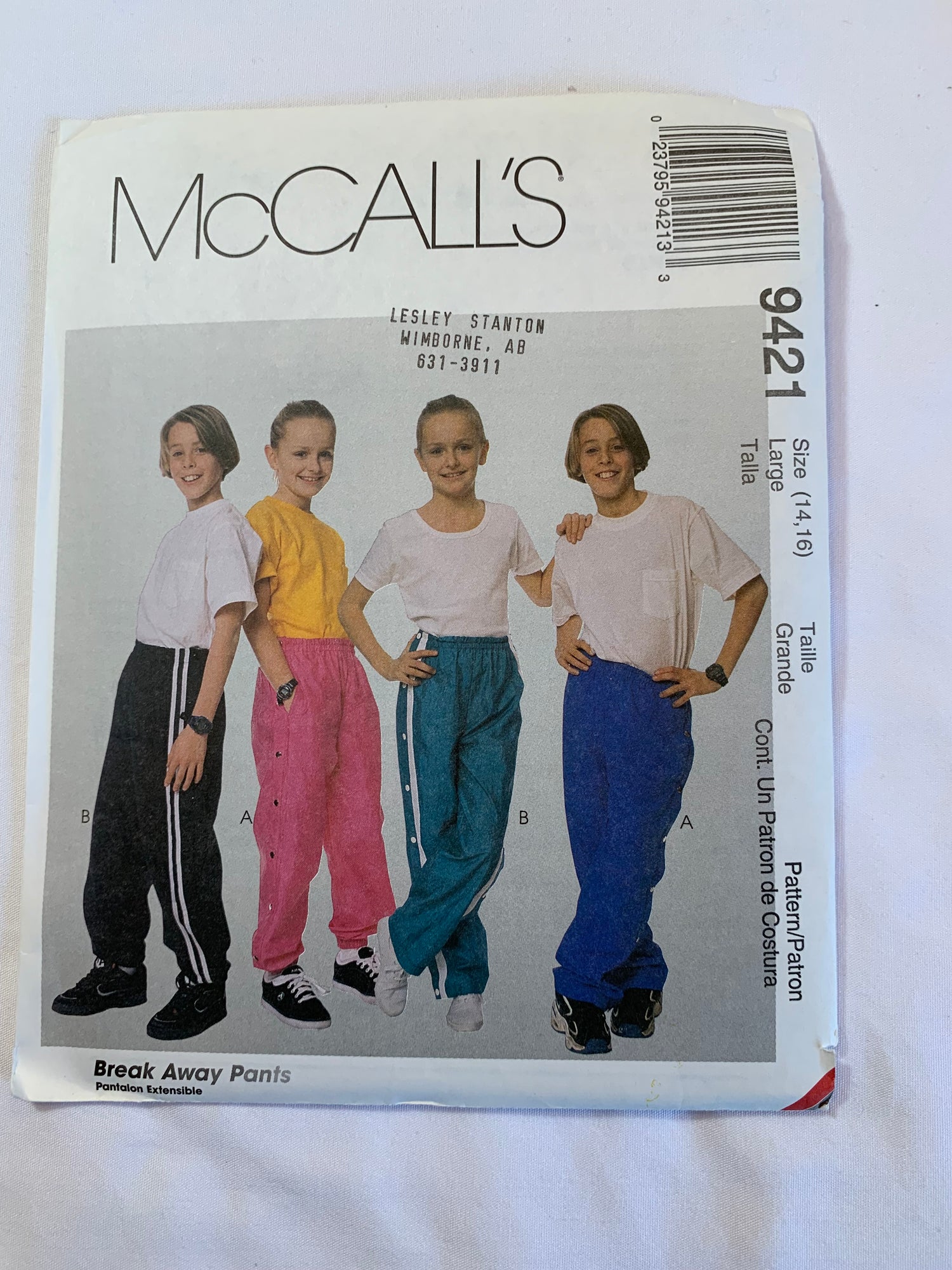 McCall's Sewing Pattern 9121 Boys'/Girls' Pants, Pull-On, Elastic Waist, Pockets, Snap Off, Lined, Unlined, Size 14-16, Uncut, Vintage 1998