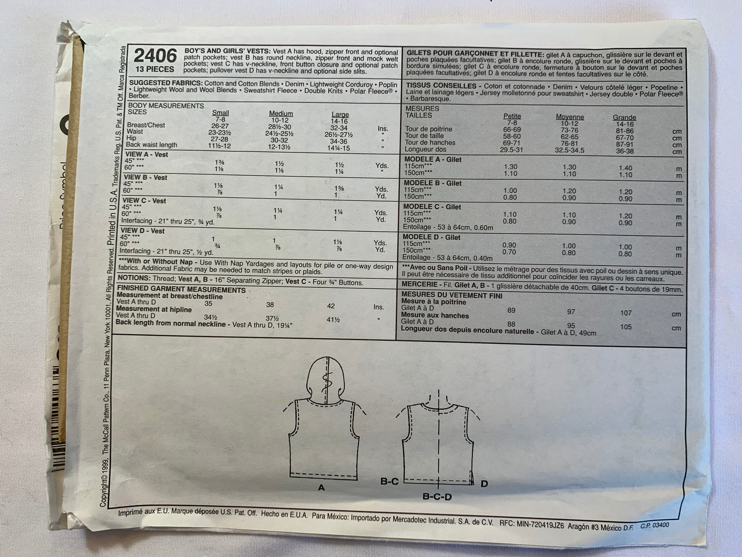 McCall's Sewing Pattern 2406 Girls'/Boys' Vest, Hood, Zipper Front, Pockets, Pullover, Slits, Size 14-16, Uncut, Vintage 1999