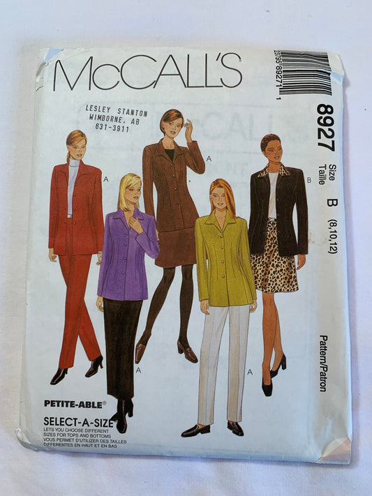 McCall's Sewing Pattern 8927 Misses' Unlined Jacket, Pants, Skirts, Easy Fitting, Princess Seams, Collar, Darts, Zipper Back, Size 8-12, Uncut, Vintage 1997