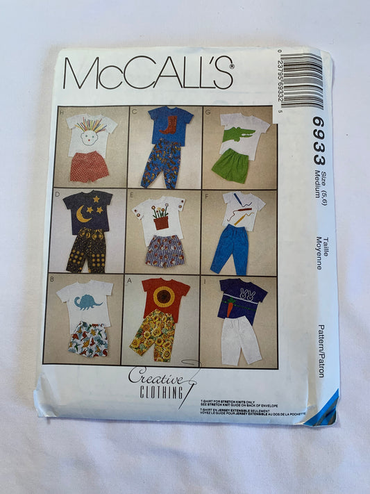 McCall's Sewing Pattern 6933 Girls'/Boys T-Shirts, Pants, Two Lengths, Shorts, Stretch Knits Only, Pockets, Elastic Waist, Size 5-6, Uncut, Vintage 1994