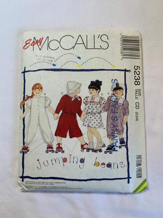 McCall's Sewing Pattern 5238 Girls'/Children's Jumpsuit, Top, Pants, Shorts, Loose-Fitting, Detachable Collar, Size 2-4, Cut, Vintage 1991