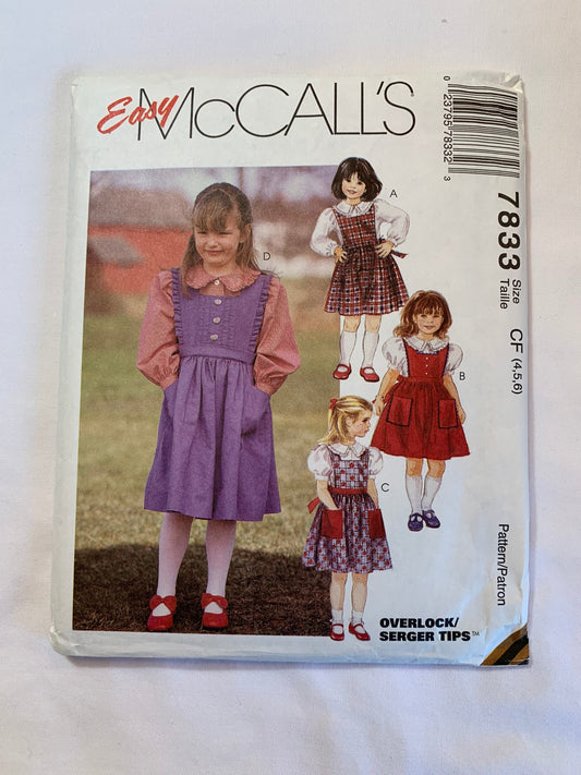 McCall's Sewing Patterns 7833 Girl's Jumper Dress, Blouse, Long/Short Sleeves, Flared Skirt, Back Button, Pockets, Size 4-6, Uncut, Vintage 1995