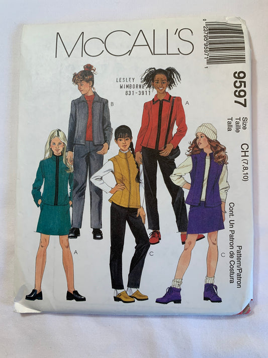 McCall's Sewing Pattern 9597 Girls' Unlined Jacket, Vest, Pull-On Pants Skirt, Princess Seams, Zipper Front, Collar, Elastic Waist, Pockets, Size 7-10, Uncut, Vintage 1998