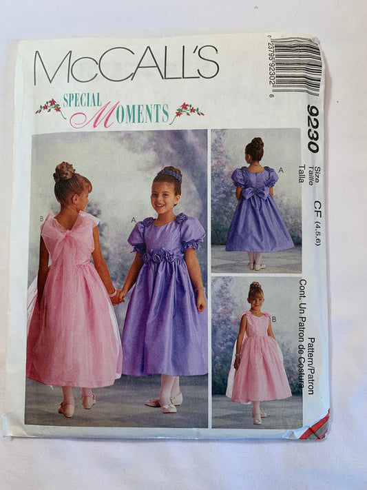 McCall's Sewing Pattern 9230 Girls' Dresses, Sleeveless, Short Sleeves, Darts, Rosette, Overskirt, Tie Back, Button Back, Full Skirt, Size 4-6, Uncut, Vintage 1998