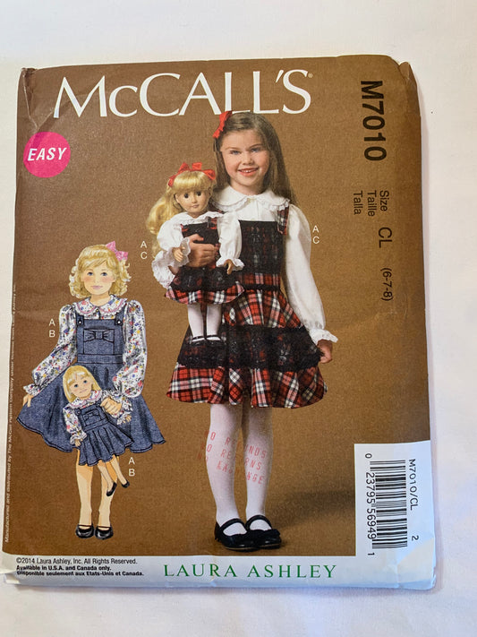 McCalls Sewing Pattern M7010 Girls' Jumper, Dress, 18" Doll, Top, Collar, Shoulder Straps, Pocket, Long Sleeves, Size 6-8, Cut, 2014