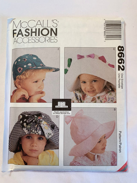 McCall's Sewing Pattern 8662 Children's/Girls' Hats, 10 Variations, Caps, Bonnets,Sun, Caps,Tams, 3 Sizes 19-22 Inches, Uncut, Vintage 1996