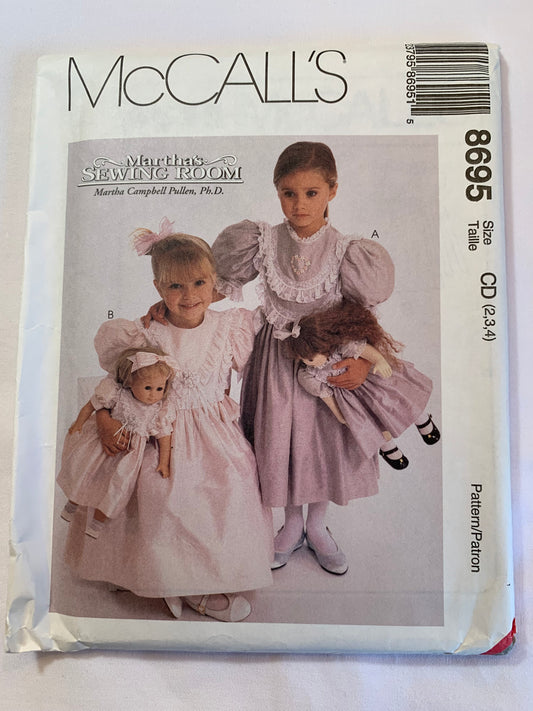 McCalls Sewing Pattern 8695 Girls' Dress, 18" Doll, Short Sleeves, Tie Back, Button Back, Gathered Skirt, Size 2-4, Uncut, Vintage 1997