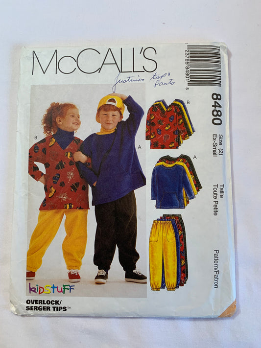 McCall's Sewing Pattern 8480 Boys'/Girls' Top, Pants, Pull-On, Pullover, Elastic Waist, Pockets, Size 2, Uncut, Vintage 1996
