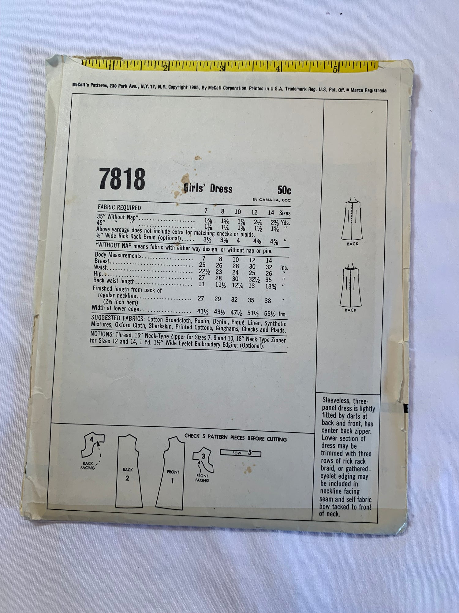 McCall's Sewing Patterns 7818 Girl's Dress, Zipper Back, Sleeveless, Fitted, 2 Variations, Size 10, Cut, Vintage 1950