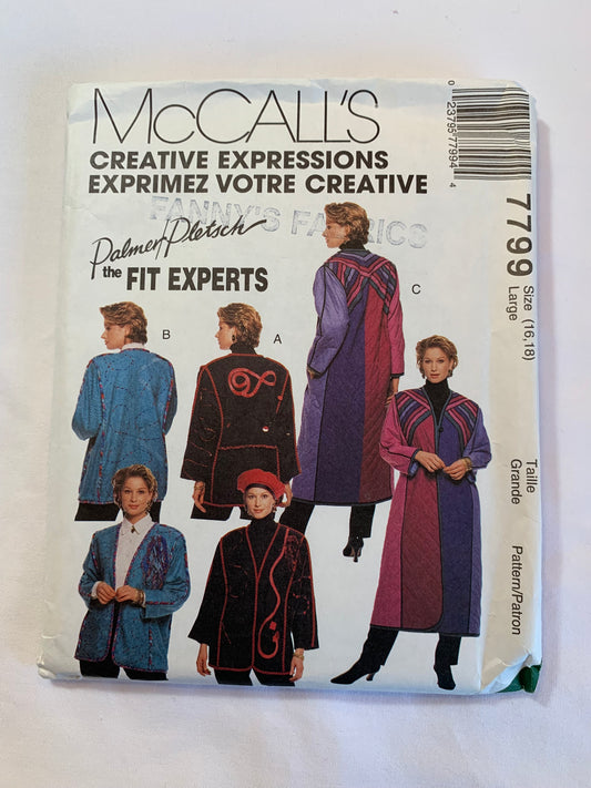 McCall's Sewing Pattern Palmer Pletsch 7799 Misses' Unlined, Lined, Jackets, Coat, Pockets, Long Sleeves, Shoulder Pads, Size 16-18, Uncut, Vintage 1995