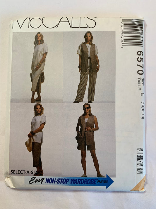 McCall's Sewing Pattern 6570 Misses' Vest, Top, Two Lengths, Skirt, Pants, Shorts, Princess seams, Button Front, Shoulder Pads, Size 14-18, Uncut, Vintage 1993