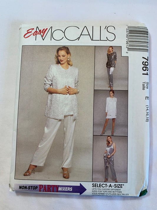 McCall's Sewing Pattern 7961 Misses' Unlined Jacket, Dress, Top, Tunic, Pull-On Pants, Loose-fitting, Pullover, Pockets, Zipper Back,, Size 14-18, Uncut, Vintage 1995