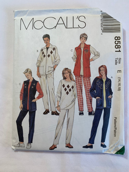 McCall's Sewing Pattern 8581 Misses' Vest, Jacket, Top, Pants, Unlined, Zipper Front, Pockets, Elastic Waist, Pull-On, Size 14-18, Uncut, Vintage 1996