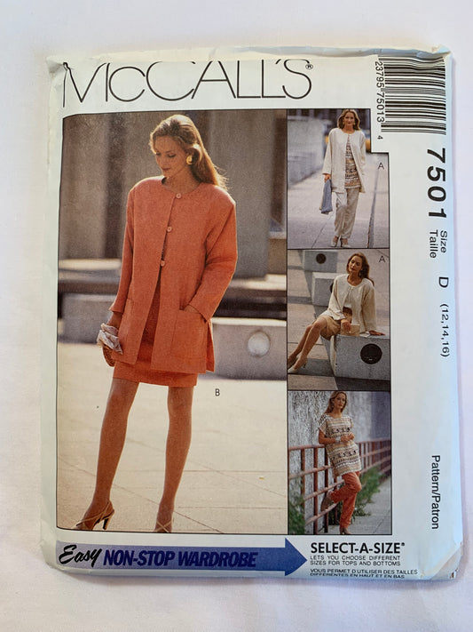 McCall's Sewing Pattern 7501 Misses' Unlined Jacket, Tunic, Top, Pull-On Pants, Skirt, Elastic Waist, Boxy, Button Front, Pockets, Pullover, Size 12-16, Uncut, Vintage 1995