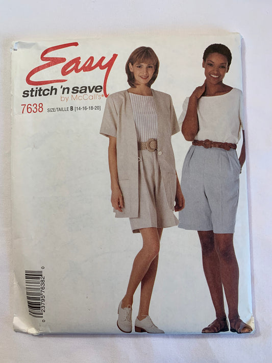 McCall's Stitch N Save Sewing Pattern 7638 Misses' Unlined Jacket, Top, Shorts, Loose-Fitting, Pockets, Pullover, Pleats, Shoulder Pads, Size 14-20, Uncut, Vintage 1995
